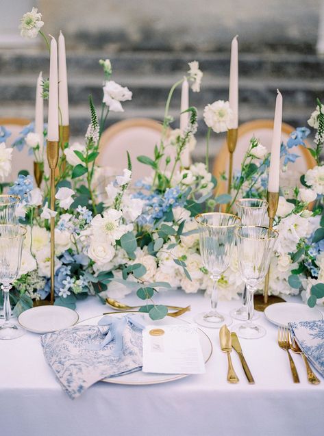 Intimate French Chateau Wedding with White Roses in Normandy Blue French Country Wedding, Blue French Country, French Blue Wedding, French Themed Wedding, Minimal Decoration, French Country Wedding, French Chateau Wedding, Floral Wedding Bands, French Wedding Style