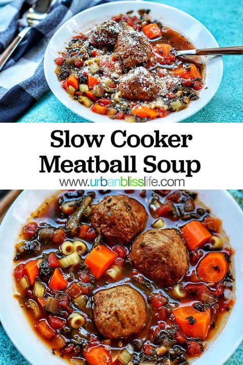 Slow Cooker Meatball Soup is a delicious fall dish that's so easy to make! Simply place all the ingredients into the crockpot and let it do it's thing. Recipe on UrbanBlissLife.com #slowcooker #soup #meatballs #crockpot #recipes #fallrecipes Crockpot Meatball Soup, Meatballs Crockpot Recipes, Family Friendly Freezer Meals, Meatball Soup Crockpot, Chili White Chicken, Winter Meal Plan, Crockpot Meatball, Homemade Stew, Stew Soup Recipes