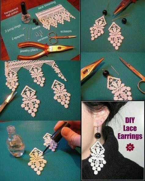 Tassle Earrings Diy, Diy Lace Earrings, Lace Diy Projects, Anting Manik, Lace Diy, Lace Crafts, Fabric Earrings, Lace Earrings, Lace Jewelry