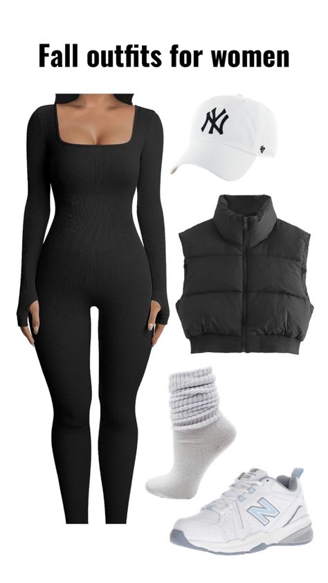 Jumpsuit And Vest Outfit, Vest Outfits Y2k, Outfit With Air Forces, Ballcap Outfit, Baseball Cap Outfits For Women, Winter Vest Outfits, Puffy Vest Outfit, Winter Bodysuit, Cap Outfits For Women