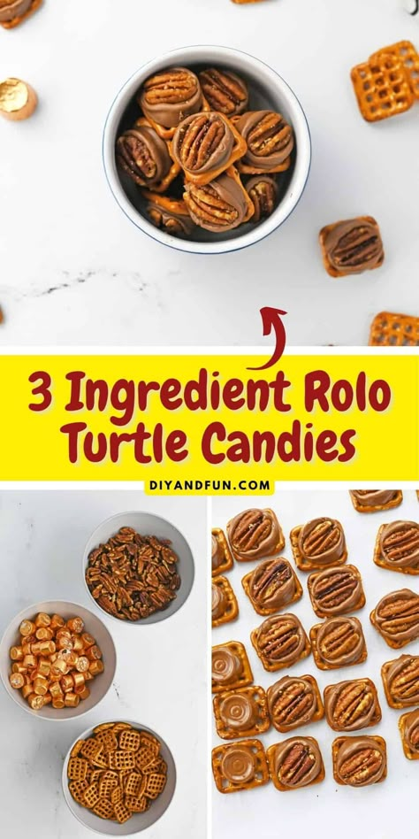 3 Ingredient Rolo Turtle Candies Rolo Turtles Recipe, How To Make Turtles Candy, Cookies Using Rolo Candies, 3 Ingredient Turtle Candy, Rolo Turtle Pretzels, Easy Turtle Candy, Roll Turtles, Rolo Candy Recipes, Turtles Recipe Easy