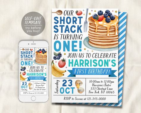 Pancakes Breakfast Birthday Invitation Editable Template, Boy Shortstack First Birthday Brunch Invite, Short Stack Rise And Shine Pancake Pancake 1st Birthday Party, First Birthday Brunch, Breakfast Birthday, Pancakes Breakfast, Short Stack, Birthday Activities, Birthday Brunch, Brunch Invitations, Kids Birthday Party Invitations