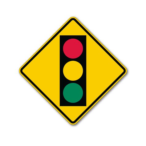 W3-3 Signal ahead traffic warning sign on yellow diamond with traffic light symbol printed in green, red and black Traffic Signs And Symbols, Traffic Light Sign, Traffic Signage, Light Symbol, Traffic Warning Signs, Ra Themes, Car Symbols, Buddha Tattoo Design, Traffic Sign