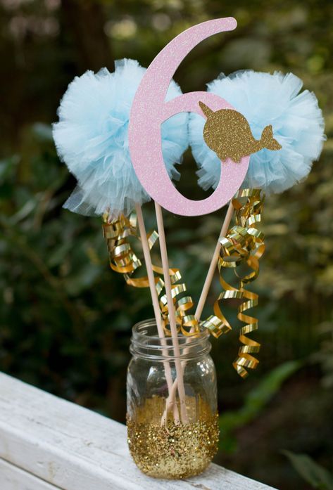 Not Quite Narwhal, Surprise Birthday Party Decorations, Narwhal Birthday Party, Narwhal Party, First Birthday Centerpieces, 80th Birthday Decorations, 18th Birthday Party Themes, 70th Birthday Decorations, Birthday Party Table Decorations