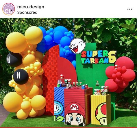 Super Mario Backdrop Ideas, Super Mario 2nd Birthday Party, Supermario Theme Party, Mario Bros Backdrop, Super Mario Party Decorations, Mario Kart Birthday Party, Super Smash Bros Party, Mario Themed Birthday Party, Super Mario Bros Party Ideas