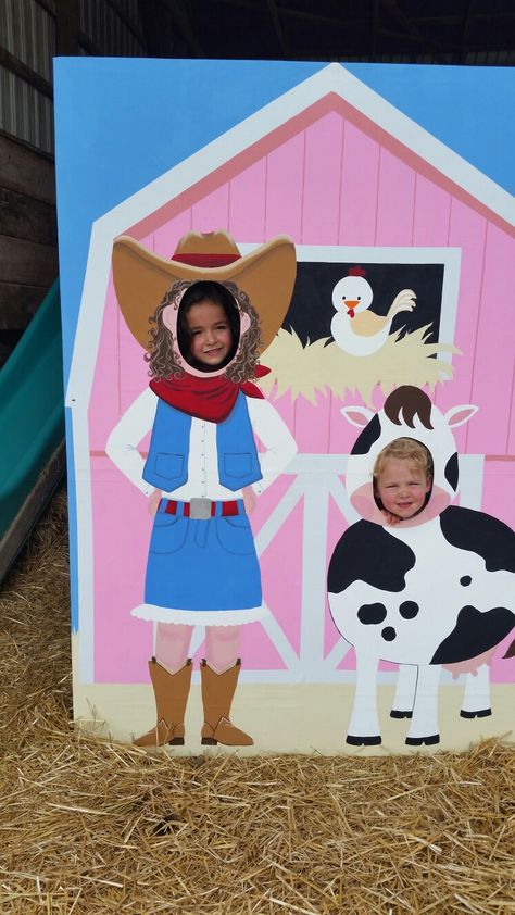 Farm or cowgirl theme party your  face here photo board with face cutouts. Painted canvas stretched onto a plywood frame. Cardboard Face Cutouts, Farm Cutouts Photo Props, Fall Photo Cutout Board, Face Cutout Photo Prop, Farm Photo Booth, Photo Both Ideas, Farm Activities For Kids, Farm Classroom Theme, Country Birthday Party