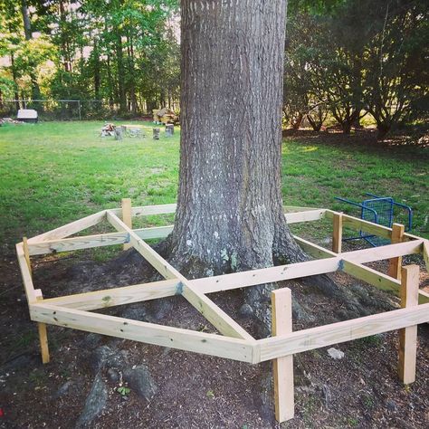 This weekend's project was building a tree bench around one of the large live oak in our backyard. It is an octagon measuring 4 feet per… | Instagram Bench Around Tree Trunk, Diy Tree Platform, Bench Around Tree Diy, Deck Around Tree, Bench Around Tree, Bench Around A Tree, Bench Around Trees, Making A Bench, Tree Bench