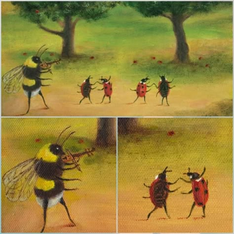 Cute Bug Painting, Bug Paintings, Surealism Art, Arte Peculiar, Funny Paintings, Bug Art, Garden Drawing, Whimsical Paintings, Bee Art