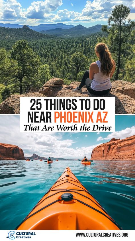 A woman enjoys a scenic view of a forested valley with distant mountains, and people kayak through clear blue waters surrounded by red rock formations, highlighting 25 things to do near Phoenix AZ that are worth the drive. Phoenix Attractions, Arizona Activities, To Do In Phoenix Arizona, Phoenix Vacation, Outdoor Adventure Activities, Arizona Adventure, Arizona Road Trip, Sedona Az, Beautiful Weather