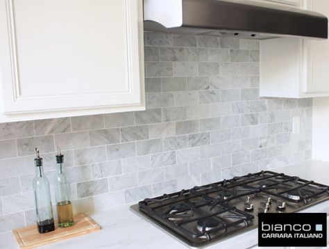 Carrara 3x6" Marble Subway Kitchen Backsplash Carrera Marble Backsplash, Carrara Marble Backsplash, Carrara Marble Kitchen, Carrara Tiles, Marble Tile Backsplash, Marble Backsplash Kitchen, Trendy Kitchen Backsplash, Carrara Marble Tile, Subway Tile Backsplash Kitchen