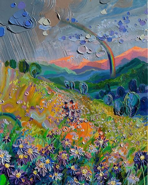 acrylic, canvas 60*80 cm “Alpine meadows. rainbow». Look at this painting: it seems filled with the songs of the wind and light after the… | Instagram Big Ipad, Anastasia Trusova, Texture Painting Techniques, Cactus Paintings, Rainbow Drawing, Easy Love Drawings, Rainbow Painting, Architecture Concept Drawings, After The Rain