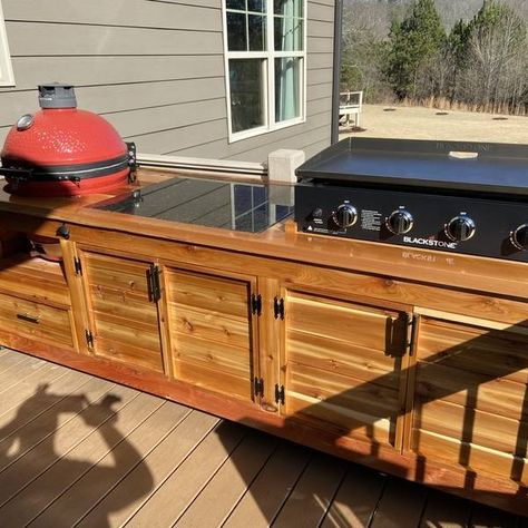 Kamado grill/Blackstone griddle table - RYOBI Nation Projects Big Green Egg And Blackstone Table, Diy Blackstone Griddle Surround, Blackstone Kitchen, Big Green Egg Table, Grilling Area, Cedar Table, Rustic Kitchens, Hibachi Grill, Grill Ideas