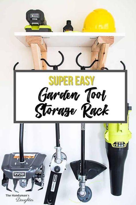 Garden Power Tool Storage, Lawn Tool Storage Ideas, Weedeater Storage Ideas, Leaf Blower Storage, Lawn Tool Storage, Garden Tool Rack, Lawn Mower Storage, Power Tool Organizer, Garage Workshop Organization