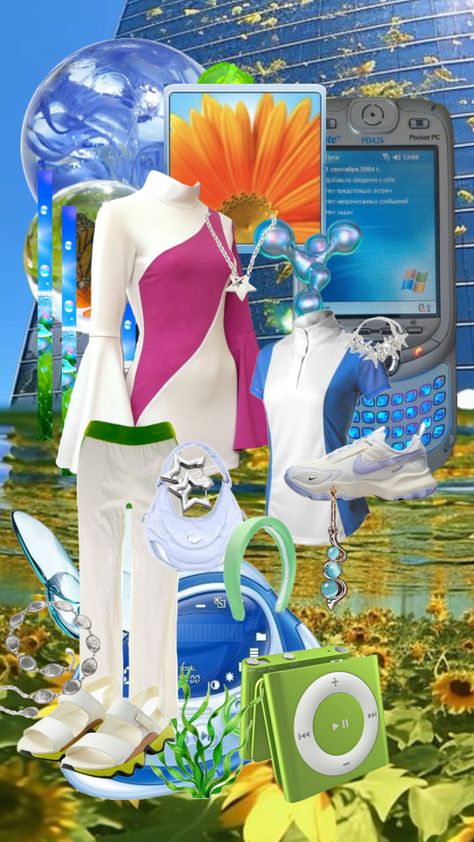 #frutigeraero #frutiger #strangeaesthetic #outfits #fyp #foryoupage #aestheticoutfit Y2k Cybercore, Cybercore Aesthetic, 60’s Mod, Frutiger Aero, Green Tech, 2000s Aesthetic, Retro Futurism, Athletic Fashion, Character Outfits