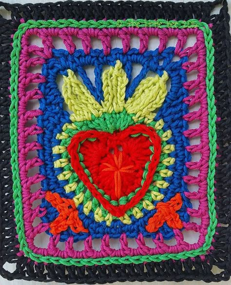 mexican Sacred Heart Wall Hanging Crochet Crochet Cal, Mexican Embroidery, Crochet Granny Square, Crochet Fashion Patterns, Square Crochet, Crochet Motifs, Granny Square Crochet Pattern, Crochet Heart, Square Patterns