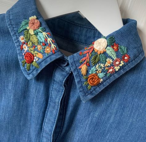 Shirt Hand Embroidery Design, Jean Shirt Embroidery, Denim Shirt Design, Button Down Shirt Embroidery, Jeans Shirt Embroidery, Embroidered Denim Shirt Outfit, Collar Shirt Embroidery, Hand Embroidered Collar, Shirts Embroidery Design