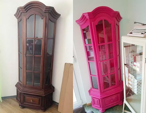 Altered Pink Cabinet | Paige Taylor Evans Pink Upcycled Furniture, Magenta Furniture, Pink Decor Ideas, Pink Cabinet, Pink Painted Furniture, Cabinet Art, Pink Cabinets, Paige Taylor, Pink Furniture