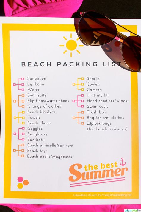 Free Printable Beach Vacation Packing List | Don't forget anything for your next trip to the beach! | See more printables on TodaysCreativeLife.com Beach Packing List, Beach Vacation Packing, Beach Vacation Packing List, Beach Bag Essentials, Vacation Packing List, Beach Packing, Beach Books, Packing List For Vacation, Packing Checklist