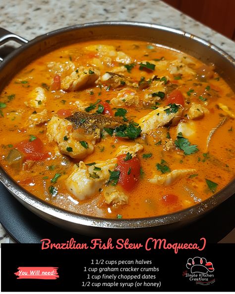 Indulge in the flavors of Brazil with this delicious Brazilian Fish Stew, also known as Moqueca! This hearty and savory stew is made with fresh fish, coconut milk, tomatoes, onions, peppers, and spices for a flavorful and aromatic dish that will transport you to the sunny beaches of Brazil. Serve with rice and a squeeze of lime for a complete and satisfying meal. Get the recipe and bring a taste of Brazil to your dining table! #brazilianrecipes #moqueca #fishstew #braziliancuisine #comfortfood Brazilian Shrimp And Fish Stew (moqueca), Brazilian Fish Soup, Brazilian Seafood Stew, Brazilian Fish Stew Coconut, Fish Stew Recipes Coconut Milk, Moqueca Recipe Brazil, Monk Fish Recipe, Fish Coconut Milk, Moqueca Recipe