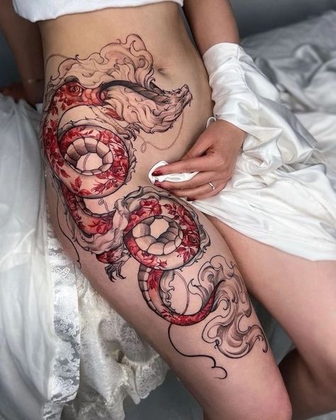 Hip Tattoo Ideas Feminine Thigh Tattoos, Red Dragon Tattoo, Drawing Instagram, Dragon Tattoo For Women, Japanese Dragon Tattoos, Pretty Tattoos For Women, Tatuaje A Color, Dragon Tattoo Designs, Cute Tattoos For Women