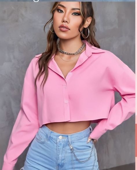 Pink Crop Shirt Outfit, Cropped Shirt Outfit, White Crop Blouse, Collar Details, Drop Shoulder Shirt, Short Shirt, Stylish Dress Book, Pink Style, White Crop