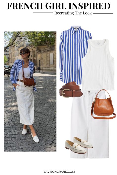 French girl outfit stripe to and white skirt White Skirt With Blue Top, What To Wear With White Loafers, Blue White Dress Outfit, White Jeans Skirt Outfit Summer, White Skirt Spring Outfit, Blue Spring Outfits Women, White Loafers Outfit Women Casual, Denim White Skirt Outfit, Blue And White Outfit Ideas Casual