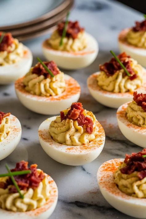 A photo of a  New Year’s Eve Deviled Eggs a New Years Eve Food Party Ideas New Years Eve Food Ideas For Kids, Savory Deviled Eggs, Food Party Ideas, Delicious Food Ideas, New Years Eve Party Ideas Food, Snack Boards, Platter Ideas, New Years Eve Food, Snack Board