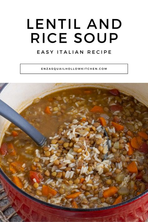 Lentil and Rice Soup is a classic Italian soup we grew up on. It’s a hearty soup perfect for cold winter days. A sofrito of onion, carrots, and celery combined with chicken broth and tomatoes makes this easy version of lentil and rice soup so good. Rice Lentil Soup, Rice And Lentil Soup, Crockpot Lentils And Rice, Lentil Rice Soup, Soup With Leftover Rice, Red Lentil And Rice Recipes, Rice Lentil Recipe, Chicken And Lentils Recipes, Vegetarian Rice Soup