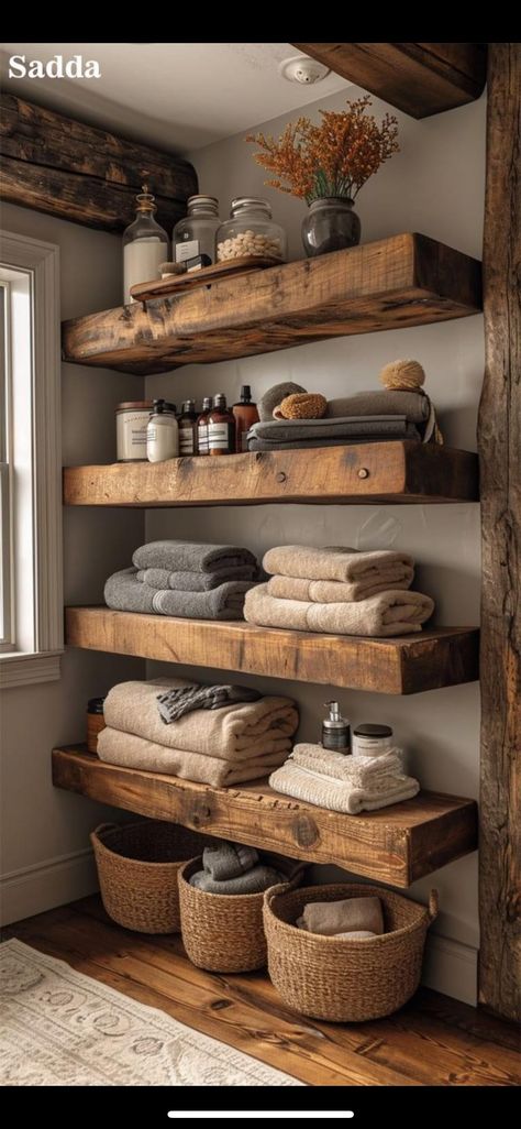 Wall Shelves Living Room, Rustic Wall Shelves, Wood Bookcase, Raw Wood, Farmhouse Wall, Raw Edge, Wall Shelves, Rustic House, Floating Shelves