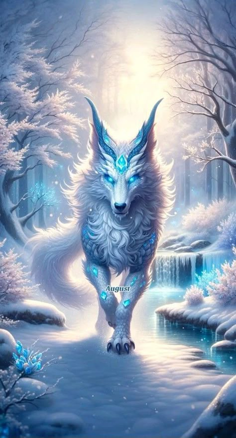 Mystical Beasts Mythical Creatures, Pretty Mythical Creatures, Fantasy Animals Concept Art, Fantasy Pets Mythical Creatures, Fantasy Animals Magical Creatures, Mystical Creatures Drawings, Cool Mythical Creatures, Ice Wolf, Magical Wolf