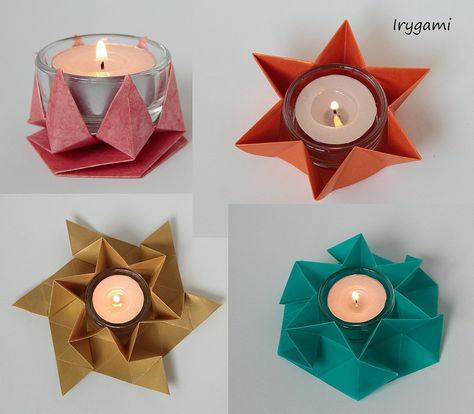 origami tea light holders created and ffolded by Irena Janas ... Diwali Origami, Origami Candle Holder, Paper Candle Holder, Paper Candle Holders, Origami Table, Candle Table Centerpieces, Tea Light Holders, Christmas Origami, Origami Box