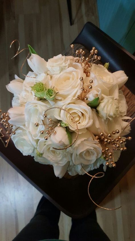 White And Gold Wedding Flowers Bridal Bouquets, Gold Prom Flowers Bouquet, White And Gold Flower Bouquet Prom, Gold Dress Bouquet, Gold Prom Dress Bouquet, Bridal Bouquet With Gold Accents, Prom Bouquet For Gold Dress, White And Gold Prom Bouquet, Prom Bouquet Gold Dress