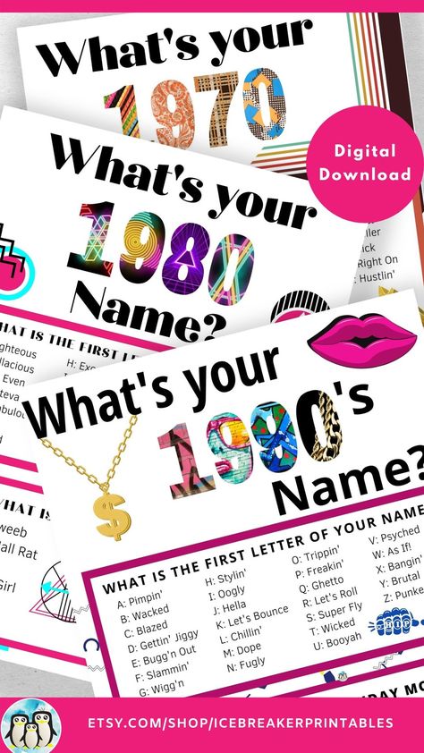 Retro Decades Themed Party Ideas and decorations for your 70s, 80s, & 90s Birthday Party. 30th Birday Party Ideas, 40th Birthday Party Ideas & 50th Birthday Party Ideas, decorations and games. Includes Name Game Generator and Avery ready Name Tags #decadesthemedparty #50thbirthdayparty #40thbirthdayparty #1970sthemedparty #1980sthemedparty #1990sthemeparty Decade Party Decorations, Decade Birthday Party Ideas, Decades Party Ideas, 90s Theme Game Night, Decades Birthday Party Ideas, 80s Games, Decades Party Decorations, Through The Decades Party, 90s Birthday Party Theme For Adults Zazzle