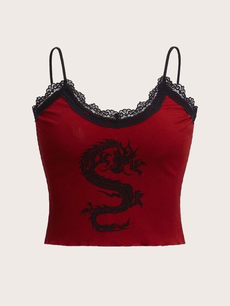 Grunge Tops, Future Style, Lace Cami Top, Dragon Print, Gothic Outfits, Lace Cami, Edgy Outfits, Women Tops, Cami Top