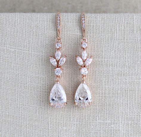 Crystal Bridal earrings, Bridal jewelry, Rose gold leaf earrings, Wedding jewelry, Bridesmaid earrings, Long dangle earrings by treasures570 on Etsy Rose Gold Earrings Wedding, Rose Gold Bridal Earrings, Gold Earrings Wedding, Crystal Bridal Earrings, Wedding Bridesmaid Jewelry, Claddagh Ring, Gold Leaf Earrings, Bridal Fashion Jewelry, Rose Gold Bridal