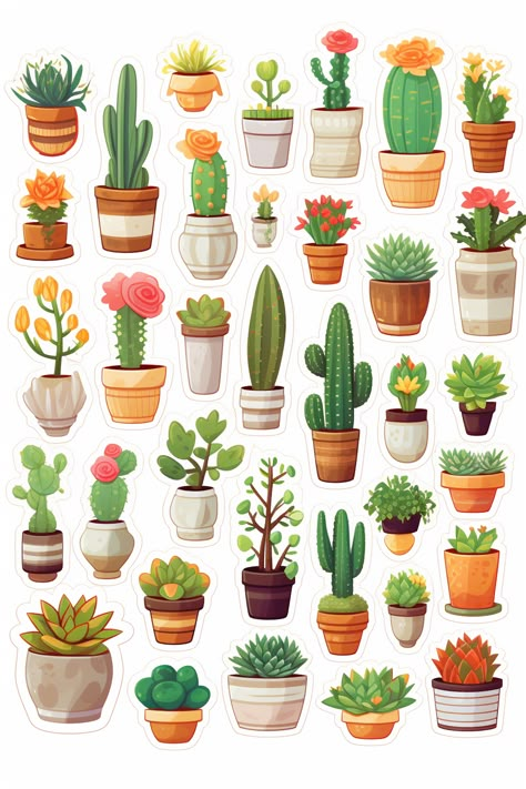 Sticker Theme Ideas, Cactus Stickers Printable, Plant Stickers Printable, Book Diy Ideas, Book Aesthetic Sticker, Sticker Collection Book, Plants Printable, Cute Succulents, Plants Stickers