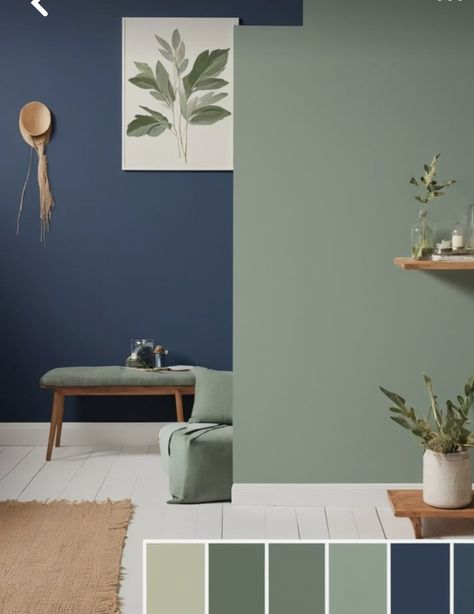 Navy Blue And Olive Green Bedroom, Green Blue House Decor, Paint Ideas For House Interior Design, Blue Green Wood Living Room, Home Interior Design Green, Colours With Sage Green, Sage Green Navy Bedroom, Sage Green And Blue Palette, Navy And Green Decor