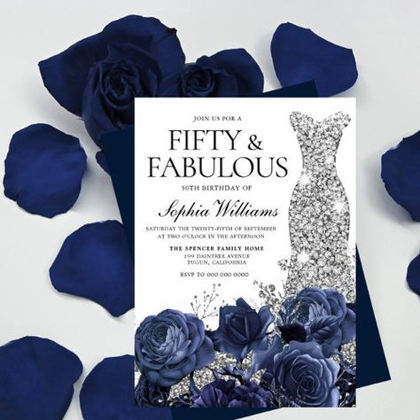 Navy Flowers & Silver Diamond Dress 50th Birthday for $3.40 - Birthday Invitations Sweet 16 Party Invitations, 50th Birthday Invitation, 70th Birthday Invitations, 80th Birthday Invitations, Silver Invitation, 60th Birthday Invitations, 30th Birthday Invitations, 50th Birthday Invitations, 40th Birthday Invitations