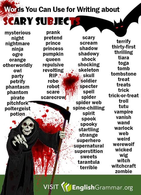 Vocabulary: Scary Subjects 2 Other Words For Creepy, Scary Synonyms, Scary Words, Halloween Vocabulary, Weather Vocabulary, Subject Object, Uncommon Words, Descriptive Words, English Writing Skills