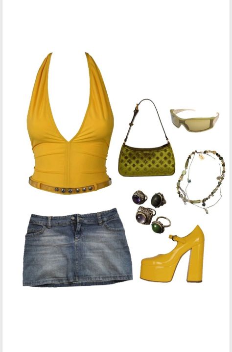 Yellow outfit, vintage outfit, aesthetic outfit. My combyne account diza1809 Yellow Outfit Ideas Aesthetic, Yellow 80s Outfit, Yellow 2000s Outfit, Yellow Inspired Outfits, Yellow Cami Outfit, Yellow Tops Outfit, Y2k Yellow Outfit, Colourful Aesthetic Outfit, 2000s Concert Outfit