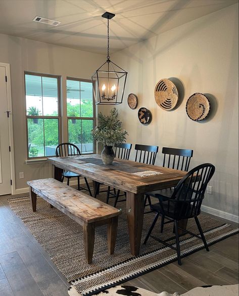 Modern Boho Farmhouse Dining Room, Western Home Decor Ranch Style Dining Room, Aldi Jesus Erin Table, Spanish Farmhouse Dining Room, 10ft Dining Table, Rectangle Table Dining Room, Simple Modern Farmhouse Kitchen, Wood Dinningroom Table, Rectangular Kitchen Table Centerpiece