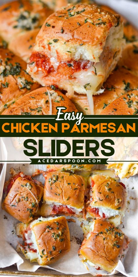 Easy Chicken Parmesan Sliders are simple to make and great for a quick weeknight meal or for tailgating season. Hawaiian sweet rolls are topped with chicken tenders, tomato sauce, shredded cheese and topped with the buns along with spices. The sliders are baked until warm and the cheese is melting. Your family will love these! Chicken Marinara Sliders, Meals Using Chicken Tenders, Dinner With Buns Idea, Hawaiian Roll Sliders Chicken Parm, Shredded Chicken Parm Sliders, Easy Chicken Sliders Hawaiian Rolls, Chicken Parmigiana Sliders, Slider Meal Prep, Chicken Parm Pinwheels