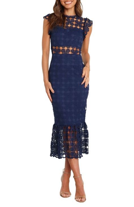 Women's Synthetic Dresses | Nordstrom Order Dresses Online, Long Denim Skirt Outfit, Denim Skirt Outfits, Long Denim Skirt, Lace Overlay Dress, Fitting Dress, Dress Order, Form Fitting Dress, Wedding Guest Dresses