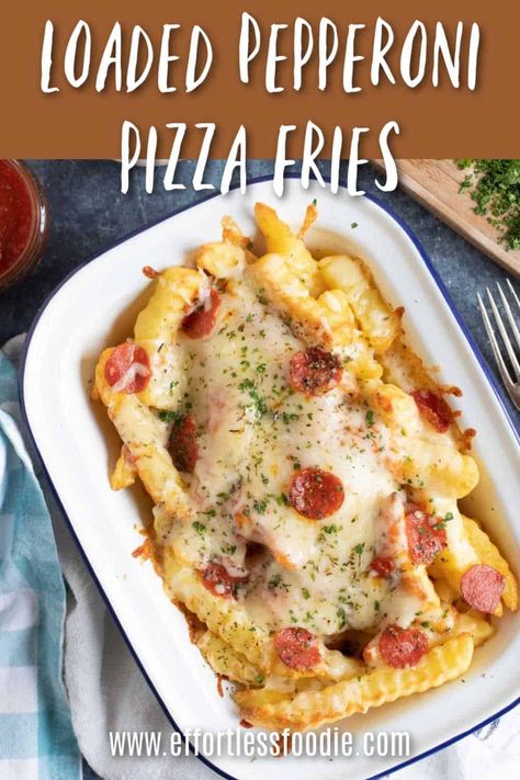 Easy homemade pepperoni pizza fries, made with frozen french fries or chips! The perfect cheesy snack time treat for game day or parties! Air Fry Pepperoni Chips, Cheese Dip For Fries, Pepperoni Fries, French Fry Pizza, Pepperoni Pizza Fries, Pizza Fries Recipe, Chili Bean Dip, Meat Feast Pizza, Oven Baked Pizza