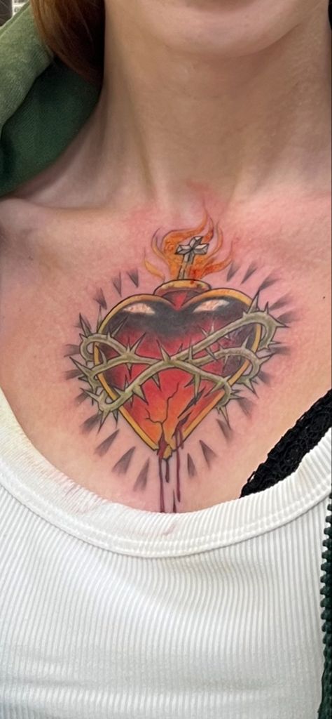 sacred heart tattoo idea Crown Of Thorns Heart Tattoo, Heart Thorns Tattoo, Thorne Crown Tattoo, Tin Man Heart Tattoo, Heart Of Jesus Tattoo, Heart Rose Thorns Tattoo, Scared Heart Tattoo, Jesus Thorn Crown Tattoo, Scared Heart