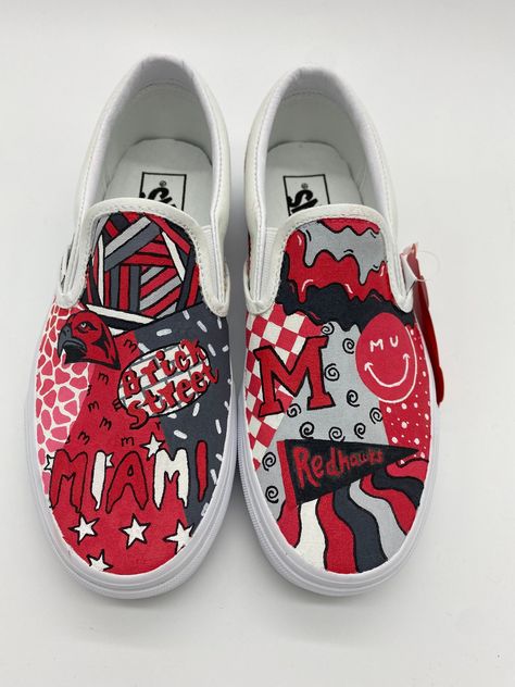 "These hand painted college/university/sports Vans are great for game days, college decisions, or as a gift for students, alumni, or parents! All shoes are painted with high quality fabric paint. This paint is safe to go through the washing machine. Designs and colors may vary slightly from shoe to shoe because each pair is hand painted. For sizing questions please refer to the size chart or message me with any questions or concerns. You can also send me your shoes if you already have your own p Sunflower Vans, Custom Sneakers Diy, Miami University, Painted Vans, Hand Painted Shoes, Painted Denim, University Of Miami, Football Shoes, College University