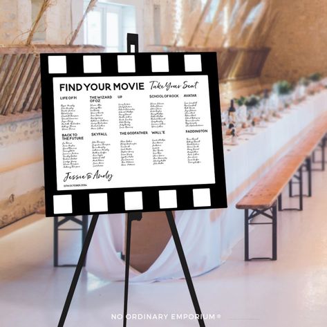 Movie Theme Wedding Retro Table Plan Film Seating Chart - Etsy Hollywood Themed Wedding, Plan Movie, Cinema Seating, Wedding Retro, Cinema Seats, Movie Actors, Unique Wedding Decor, Retro Table, Themed Weddings