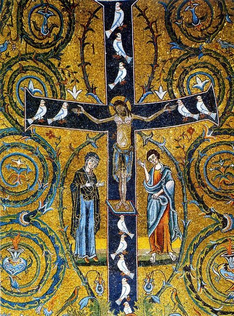 Tree of Life cross from the ancient Basilica of St. Clemente, Rome. - Feast of the Exaltation of the Holy Cross – 14 September, also called Feast of the Triumph of the Cross and Holy Cross Feast. Byzantine Mosaic, Stations Of The Cross, Byzantine Art, Holy Cross, Religious Icons, Art Antique, Orthodox Icons, Sacred Art, Religious Art