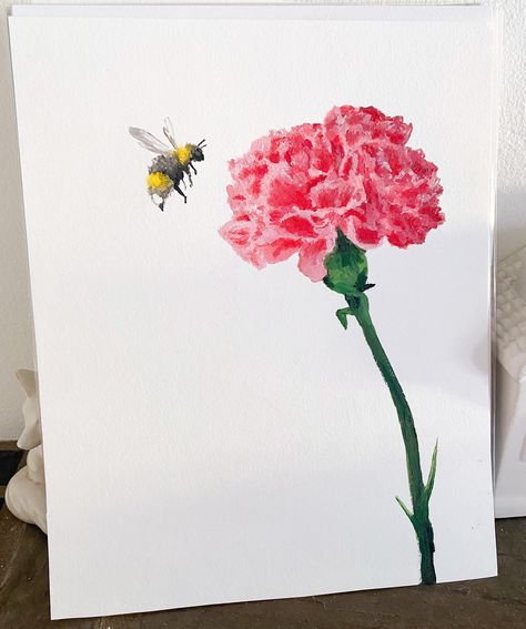 Pink Carnations, Bumble Bee, Bee, Paintings, Flowers, Pink