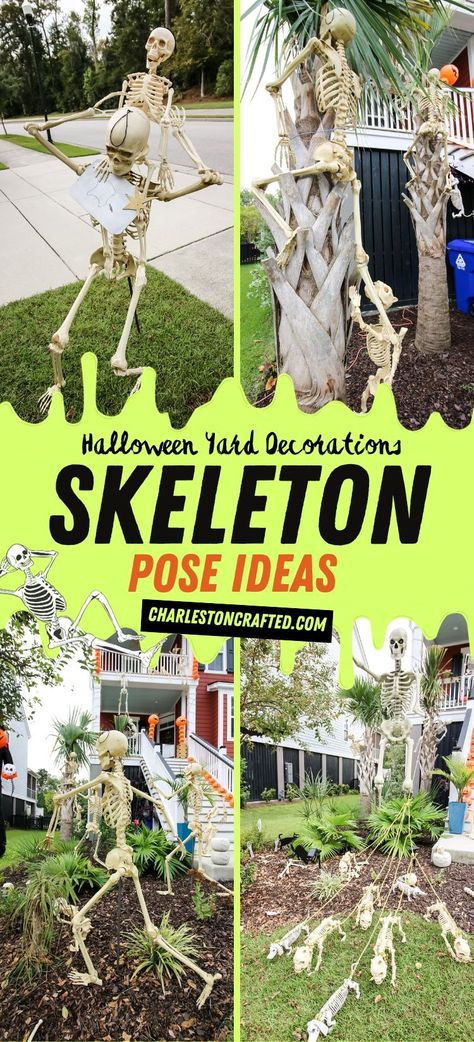 Decorating your yard for Halloween? Here are a ton of skeleton pose ideas for a spooky and funny Halloween yard display! Posed Skeletons Halloween Decorations, Front Yard Halloween Ideas Skeleton, Halloween Front Yard Skeletons, Creative Skeleton Poses, Diy Halloween Decorations Outdoor Skeleton, Skeleton Themed Halloween Yard, Ideas For Skeleton Decorations, How To Dress Up A Skeleton For Halloween, Funny Things To Do With Skeletons For Halloween